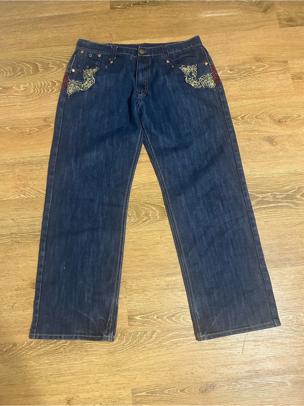 Men's Relaxed Dark Blue Denim Jeans with Embroidered Pocket Detail